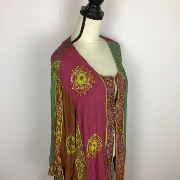 Soft Surroundings One Button Jacket 2X Womans Plus Pink Green Batik Print Rayon - Picture 8 of 15